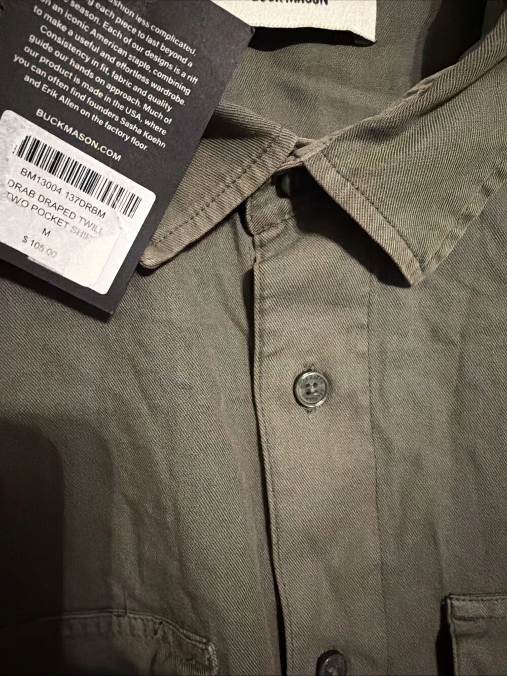 Buck Mason Men’s Medium Drab Draped Twill Two Pocket Shirt